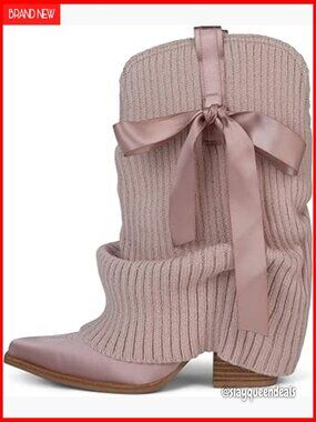 Knitted Cowgirl Boots Fold Over Slouch Western Mid Calf Booties Chunky Heel